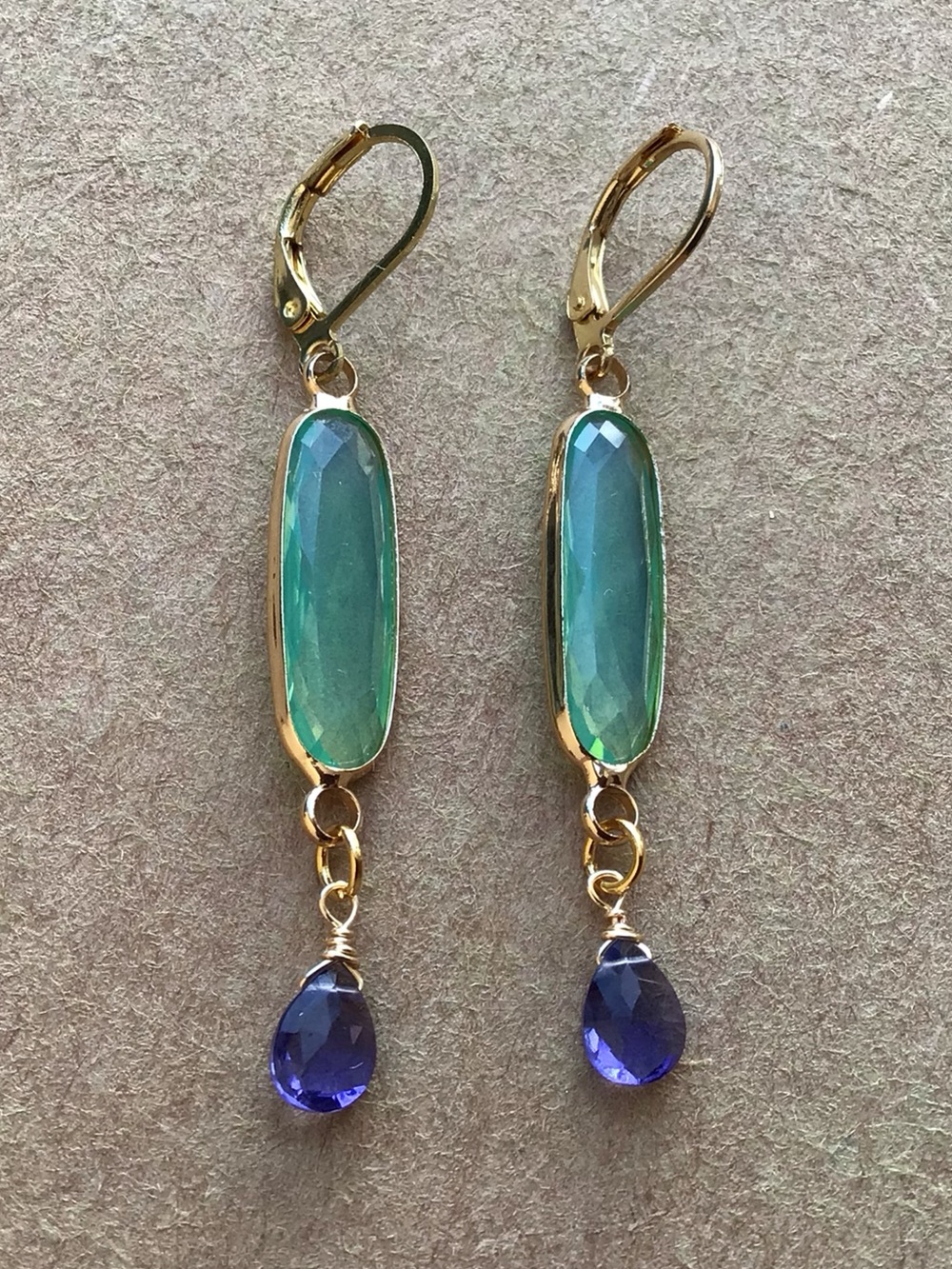 Blue mint chalcedony bezel tanzanite quartz gold plated Earrings - Picture 8 of 13